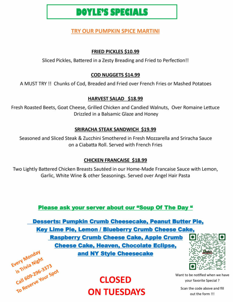 Menu Doyle's Pour House