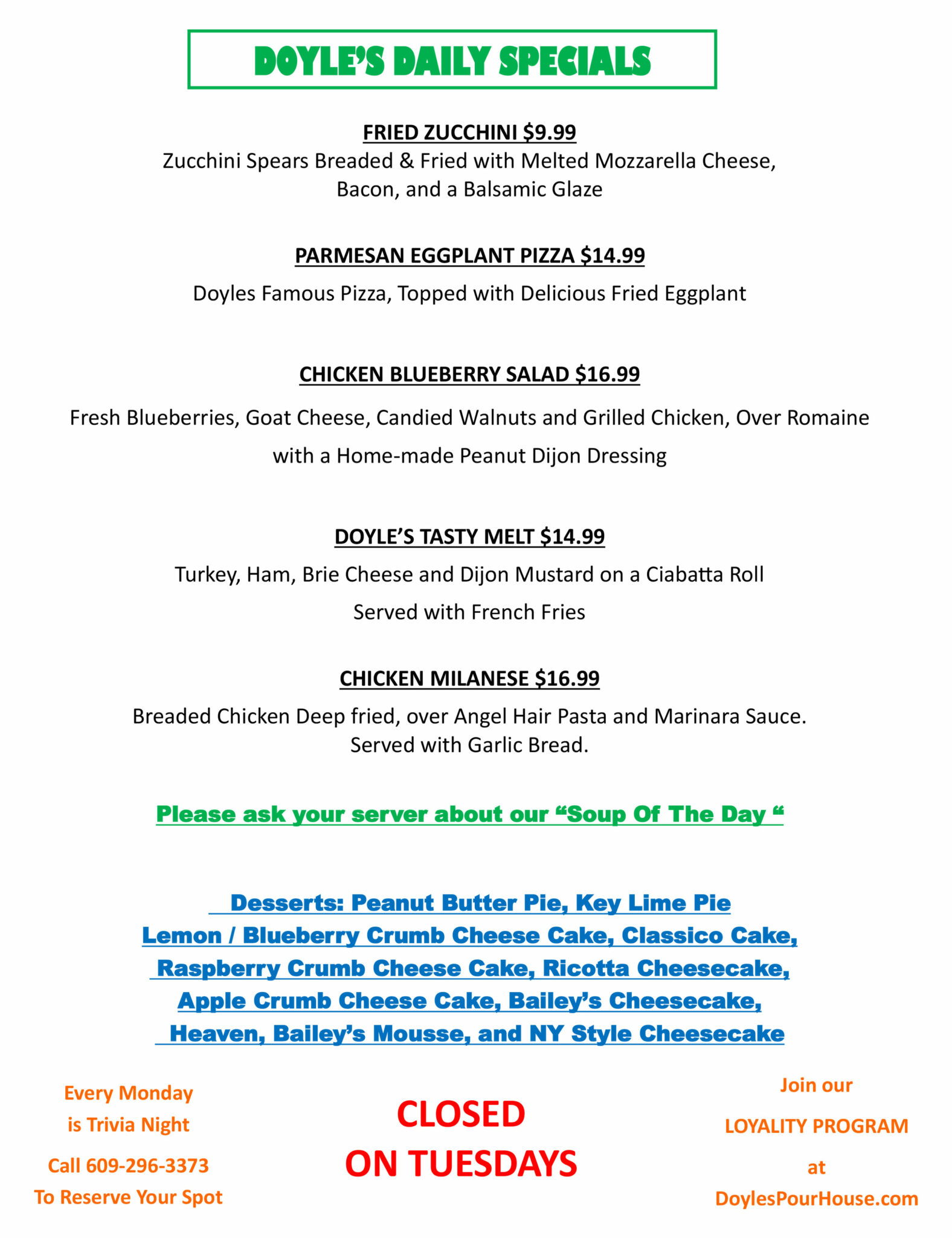 Menu Doyle's Pour House