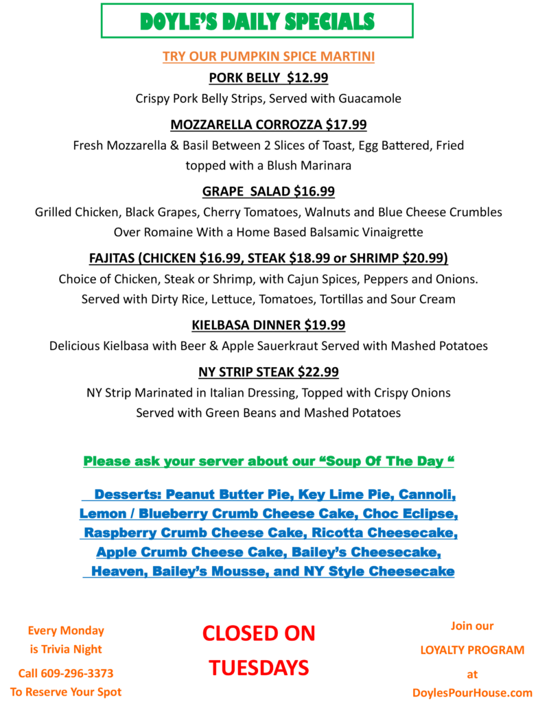 Menu Doyle's Pour House